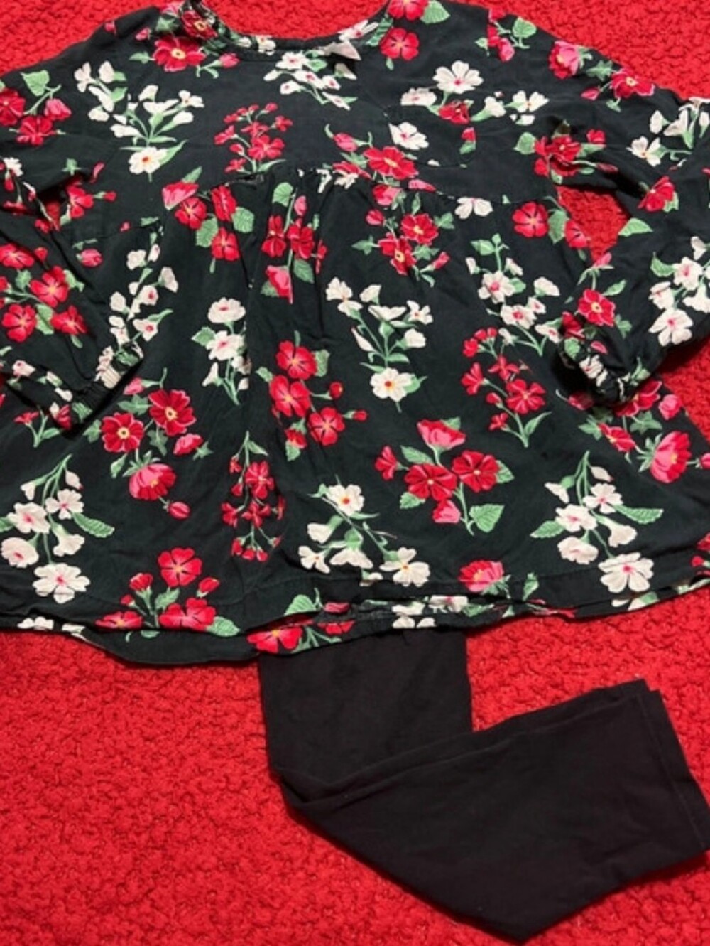 Black Floral Babydoll Top with Red & White Blooms